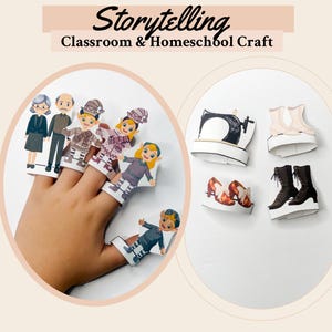 Pode incluir: Um conjunto de artesanato com o texto Storytelling Classroom & Homeschool Craft. Inclui fantoches de dedo de papel ilustrados de pessoas e elfos, além de recortes de papel de uma máquina de costura, botas brancas, saltos e botas pretas.