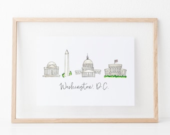 Impresión artística del horizonte de Washington, D.C.: impresiones artísticas dibujadas a mano