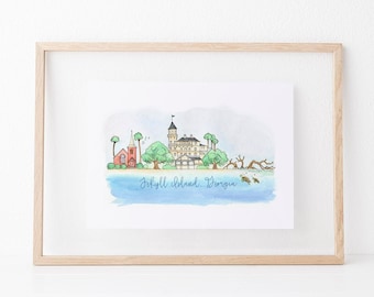 Jekyll Island, Georgia Skyline Art Print: Hand-Drawn Art Prints