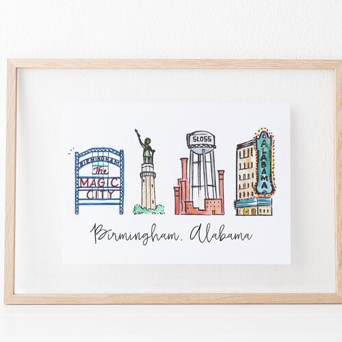 Birmingham Alabama Cityscape Print Handlettered Calligraphy Etsy