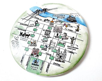 Hand-Illustrated Savannah Georgia Map Magnet, City Souvenir, Travel Fridge Decor