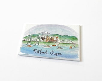 Imán con el horizonte de Portland, Oregón, recuerdo ilustrado a mano, ideal para decorar la nevera.