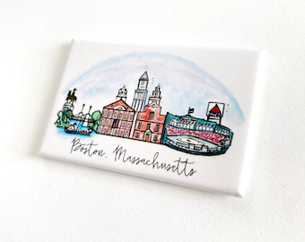 Boston Massachusetts Skyline Magnet, Hand-Illustrated Souvenir, Travel Fridge Decor