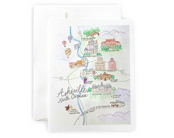 Juego de tarjetas de felicitación o tarjetas de notas con mapa de Asheville, Carolina del Norte, tarjetas con el horizonte de la ciudad, regalo de Asheville, papelería de Asheville, regalo para anfitriona