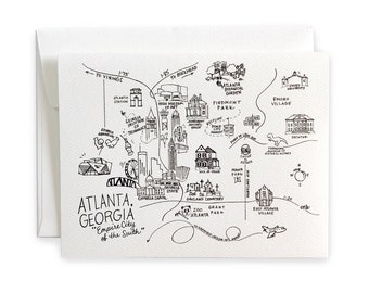 Atlanta, Georgia Horizontal Map Pen and Ink Notecard Set