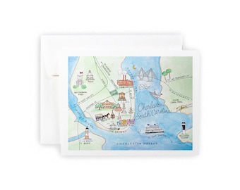 Charleston, South Carolina Map Notecard Set, City Skyline Cards, Charleston Gift, Charleston Stationery, Hostess Gift