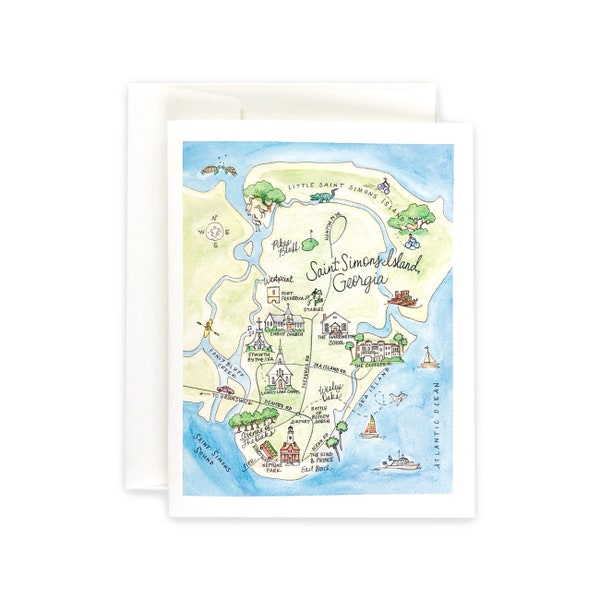 Saint Simons Island, Georgia Map Greeting Card or Notecard Set