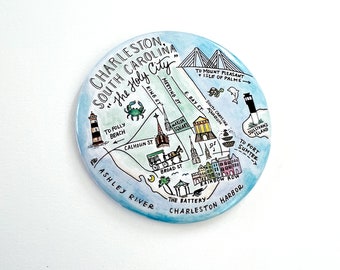 Hand-Illustrated Charleston Map Magnet, South Carolina Souvenir, Cityscape Art Fridge Magnet
