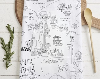 Atlanta Georgia Map Flour Sack Towel, Cotton Kitchen Souvenir USA