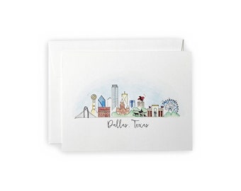 May include: A watercolor illustration of the Dallas, Texas skyline. The illustration features iconic buildings like the Reunion Tower, the Dallas Arts District, and the Perot Museum of Nature and Science. The text "Dallas, Texas" is written below the skyline.