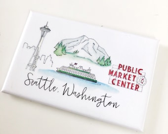 Seattle Skyline Magnet, Hand-Illustrated Washington Souvenir, Public Market Fridge Magnet