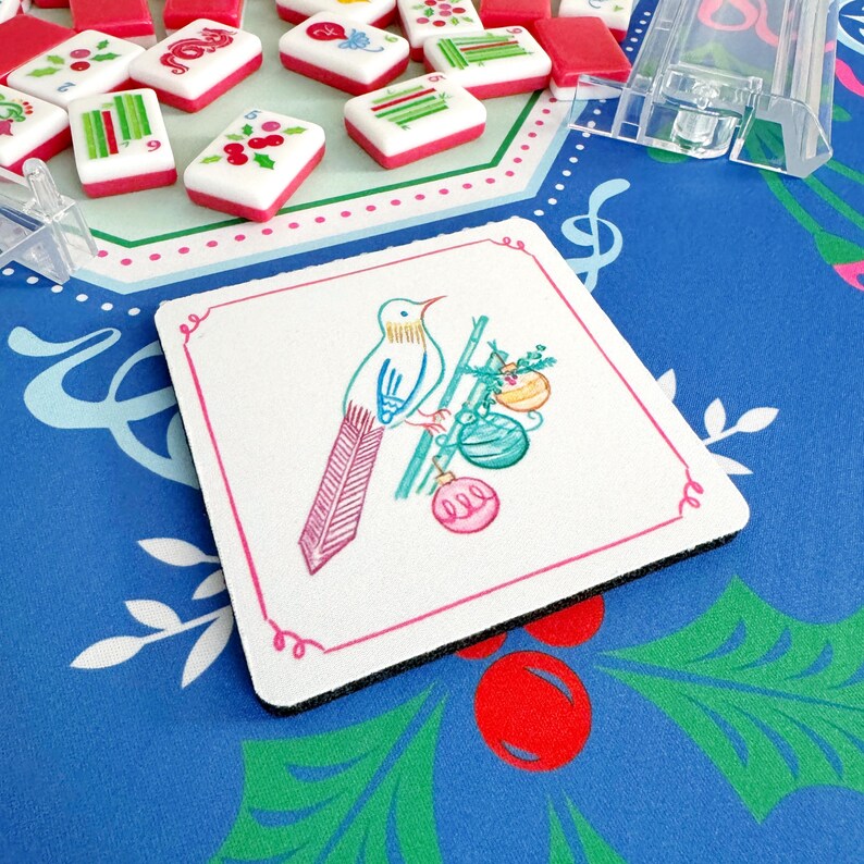 Neoprene Bam Bird Holiday Mahjong Coaster Set, Mahjong Gift, Mahjong Party Decor, Tile Game Gift, Hostess Gift image 2