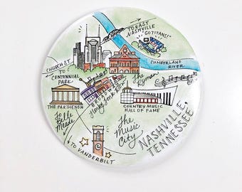 Hand-Illustrated Nashville City Map Magnet, Tennessee Souvenir, Music City Fridge Decor