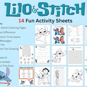 以下が含まれることがあります： リロ＆スティッチのキャラクターが登場する、14枚の楽しいアクティビティシートのセット。塗り絵、間違い探し、クイズ、迷路、単語検索などが含まれています。タイトルはターコイズ色で、薄い青色の背景です。