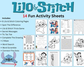 Lilo and Stitch Activity Pages | 14 Printable PDF Sheets | Coloring, Mazes, Word Games, Puzzles & Trivia | Instant Download