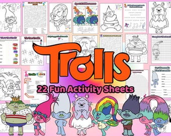 Trolls Activity Party Sheets - 22 Pages of Puzzles & Coloring, Print and Tablet Friendly