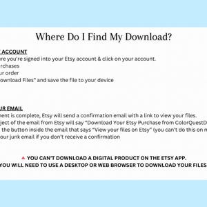 以下が含まれることがあります： 「ダウンロードはどこですか？」というテキストと、Etsyからデジタルファイルをダウンロードする方法に関する指示が記載された水色のグラフィック。 Etsyアカウントとメール確認の手順が含まれています。