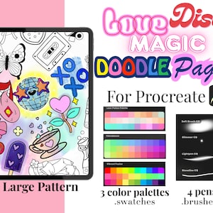 Puede incluir: Página de garabatos digital para Procreate con un patrón grande, tres paletas de colores y cuatro pinceles. La página presenta una mariposa, una cinta de cassette y otras ilustraciones coloridas. El texto incluye "Love Disco Magic Doodle Page".