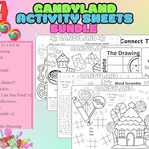 May include: A bundle of Candyland activity sheets with various games and puzzles, including mazes, word searches, and drawing activities. The sheets are black and white, with colorful accents and the text "CANDYLAND ACTIVITY SHEETS BUNDLE".