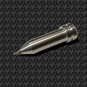 May include: A silver-colored, metallic tool with a conical tip and a cylindrical body. The tool has a blunt end with a slightly wider diameter. The tip is very sharp and pointed. The tool is likely used for precision work or marking.