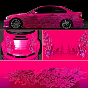 May include: A pink car with a flame design wrap. The flames are purple and pink and have a star design. The car is a coupe with a black grill and black wheels.