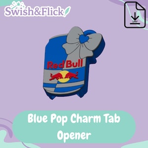 May include: A blue pop charm tab opener shaped like a Red Bull can, with a gray bow and the text "Red Bull". The opener has a blue and silver striped design and the text "Blue Pop Charm Tab Opener".