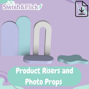 May include: Pastel-coloured product risers and photo props. The image shows a light purple background with three arch-shaped risers in light blue, white, and lavender. A teal blob-shaped prop is also included.