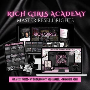 以下が含まれることがあります： 「リッチガールズアカデミー」というピンクと黒のデジタルマーケティングコースで、「マスターリセール権」と「7500以上のDFYデジタル製品にアクセスして転売できます。トレーニングも含まれています！」というテキストが書かれています。
