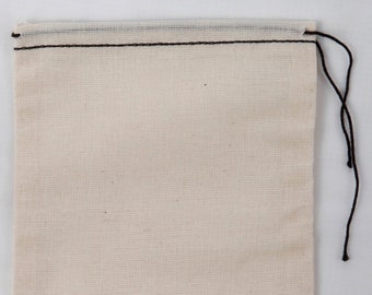 25 4x6 Cotton Muslin Drawstring Bags Black Hem and Drawstring