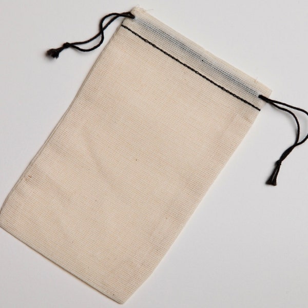 100 3.25x5  Black Hem and Black Cotton Muslin Double Drawstring Bags