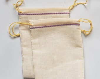 100 Mini 2.3/4 x 4 inch Lavender hem and Yellow double drawstring muslin bags