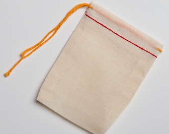 50 3x4 Natural Cotton Muslin Red Hem and Orange Drawstring Bags