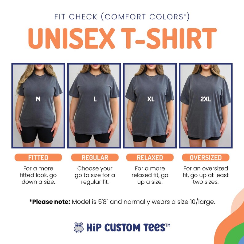 Puede incluir: Una tabla de tallas para camisetas unisex que muestra diferentes ajustes. La tabla muestra a una modelo usando una camiseta en tallas M, L, XL y 2XL. La tabla tambi&eacute;n incluye descripciones de cada ajuste, como ajustado, regular, relajado y de gran tama&ntilde;o. El texto "*Tenga en cuenta: La modelo mide 1,73 m y normalmente usa una talla 10/grande." se incluye en la parte inferior de la tabla.