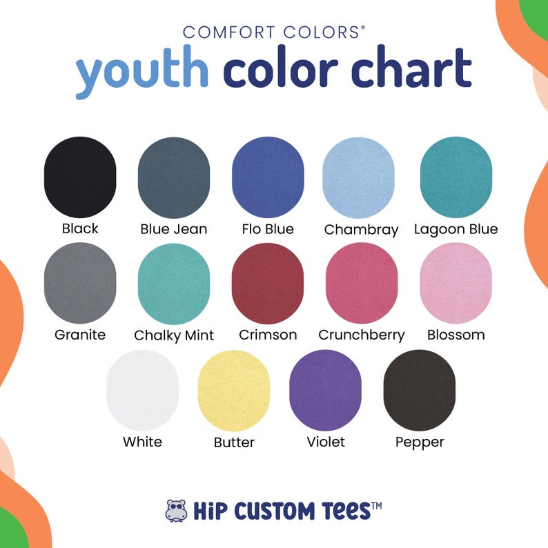 Puede incluir: Carta de colores que muestra 12 colores diferentes de camisetas para j&oacute;venes. Los colores son: Negro, Vaquero azul, Azul flo, Chambray, Azul laguna, Granito, Menta cremosa, Carmes&iacute;, Frambuesa crujiente, Flor, Blanco, Mantequilla, Violeta y Pimienta. La carta se titula "youth color chart" y es de Comfort Colors.