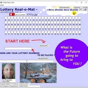 Könnte beinhalten: Eine Computerprogrammoberfläche namens "Lottery Real-o-Mat" mit einem Zahlenraster, Eingabefeldern und dem Text "What is the Future going to bring to YOU?". Die Oberfläche enthält ein Bild eines Mannes und eine Winterszene.