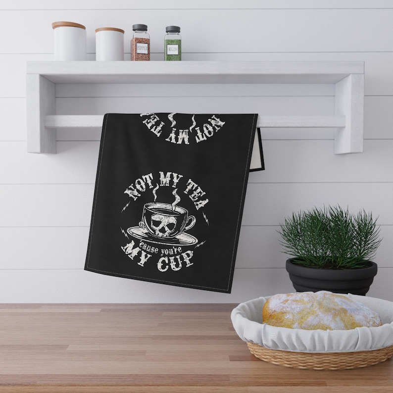 Skull Teacup Tea Towel | Gothic Kitchen Decor, Dark Humor