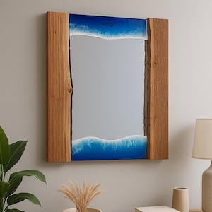 Wood mirror, Rustic wood mirror, ocean art on mirror, beach house mirror, wall art, bathroom mirror, hallway entryway mirror, resin art ,