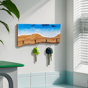 Wall mounted key rack, Key holder, Key hooks, Wood key rack, Resin art, ocean art, beach art, birthday gift, wall art, whale shark art,