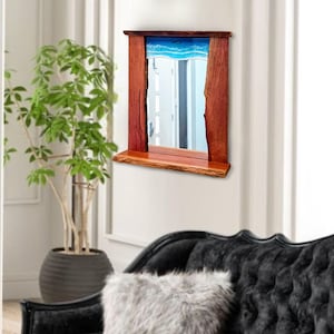 Mirror with Wood frame and ocean art, Natural wood mirror, Ocean art on mirror, Mirror shelf,  bathroom mirror, hallway mirror, Art mirror.