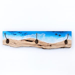 Natural wood coat hanger, Wood coat rack, Coat hooks, Clothes hooks, Hat hooks, Wall art, Ocean animal art, Resin art, Home gift, Towel rack