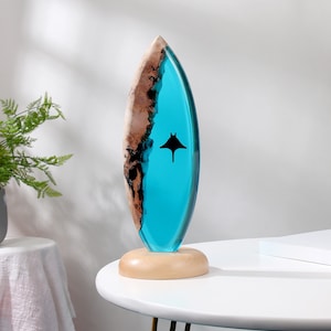 Beach lamp, Surfboard art, Surfboard lamp, Ocean resin lamp, Night light, Surfing trophy,  Surfing gift, Coastal decor lamp. Wood surfboard