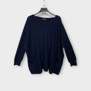 Made in Italy Alpini Jumper Sweater, Navy Blue Scoop Neck Oversized Fine Knit Plus Size Fits UK 12-20, Boho Luxury Cosy Top One Size Winter