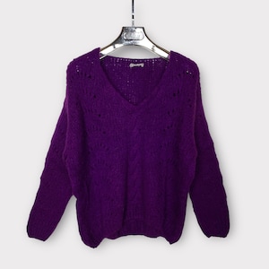 Cable Knit Mohair Wool Jumper Sweater Top, Rich Purple V Neckline Knitted Oversized Plus Size Fits UK 12-18, Boho Luxury, One Size Winter