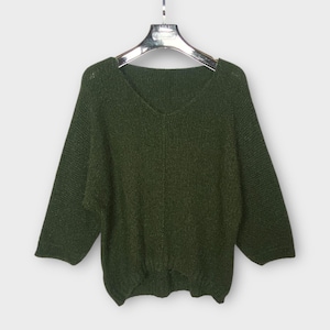 Fluffy Shimmer Jumper Sweater Khaki Green V Neckline Knitted Oversized Plus Size Fits UK 12-18, Boho Cosy One Size Winter Made in Italy