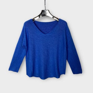 V Jumper Sweater Top Medium Tight Knit Rich Blue Plus Size Fits UK 8-16, Boho Womens One Size Winter Knitted Top Made in Italy Gift For Her