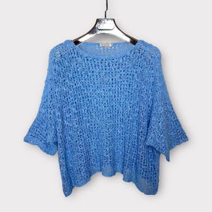 Crochet Jumper Sweater, Open Knit Top Sky Blue Oversized Plus Size Fits UK 12-20, Boho Hippy Festival Holiday Wear One Size All Seasons