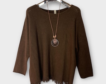 Rich Brown Knitted Luxury Jumper Sweater Top, With Necklace Tassel Hem Oversized Plus Size Fits UK 14-18, Boho Made in Italy Cosy Winter
