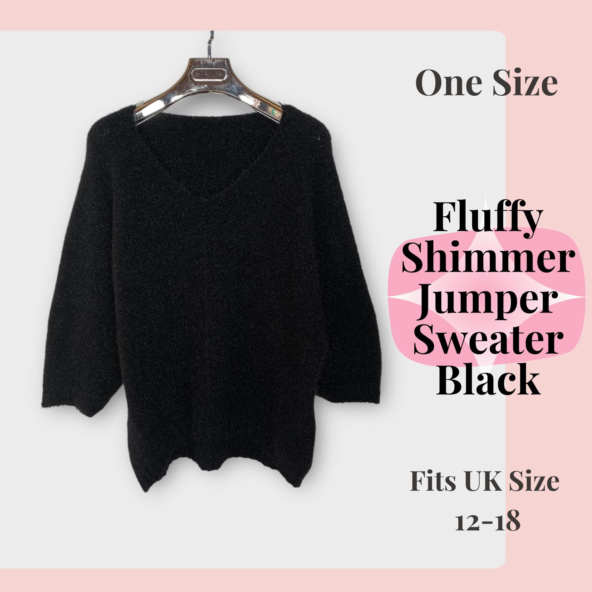 Fluffy Shimmer Jumper Sweater Black V Neckline Knitted Oversized