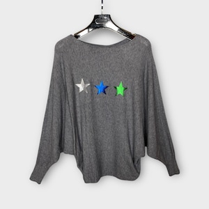 Batwing Knitted Luxury Jumper Sweater Grey Top, Oversize Soft Plus Size Fits UK 10-16, Boho Foil Star Made in Italy Gift For Her Cosy Winter