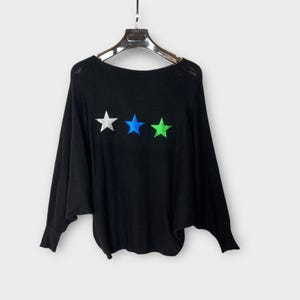 Batwing Knitted Luxury Jumper Black Sweater, Oversized Soft Plus Size Fits UK 10-16, Boho Foil Star Made in Italy Gift For Her Cosy Winter